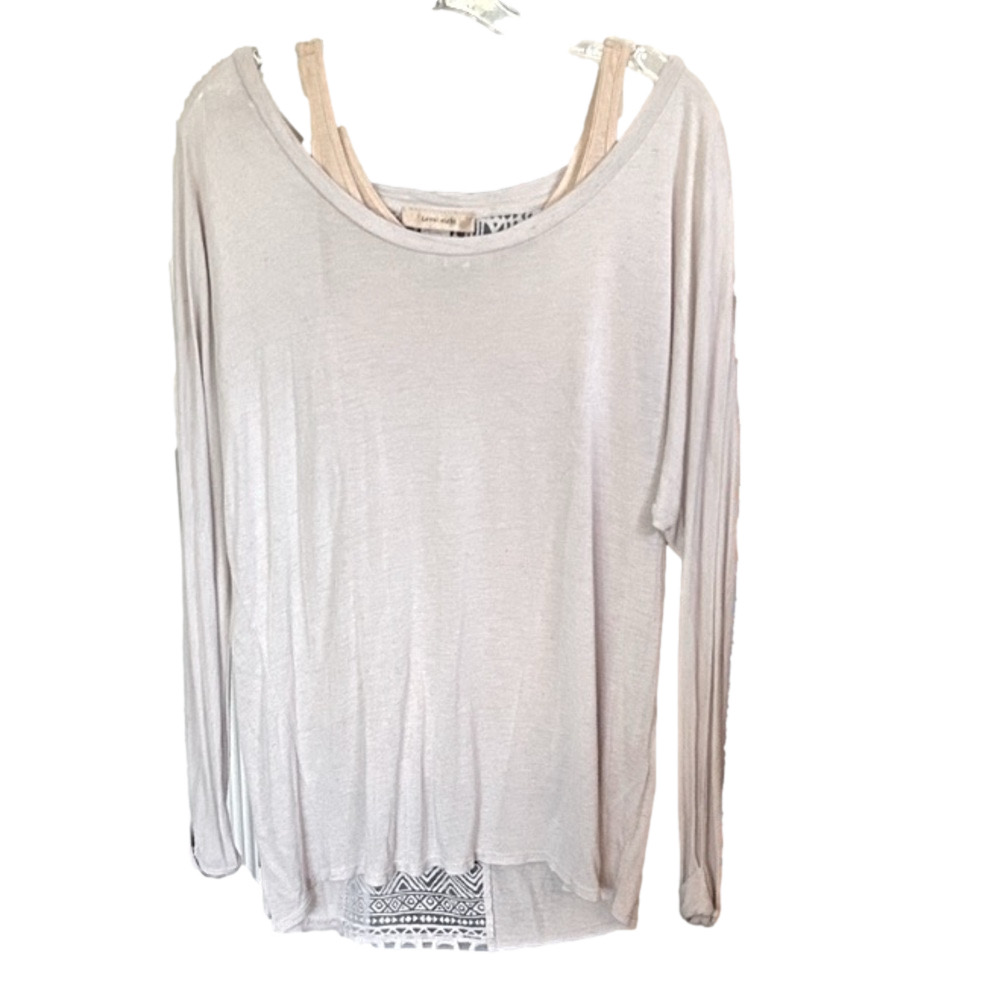 Women's Long Sleeve Top Open Lace Back Panel Size Medium Y2K Tan Cream
